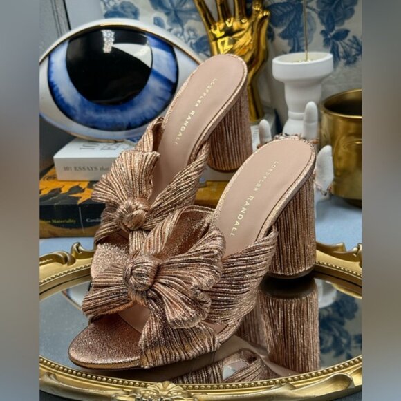 🆕 LOEFFLER RANDALL 🧿 NWOB Penny Metallic Rose Gold Pleated Bow Mule Heel, Sz 7 - Picture 8 of 14